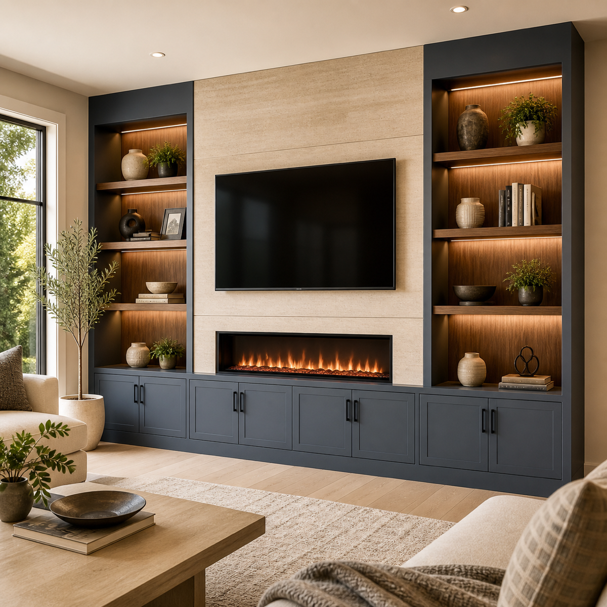 Custom C-Series media wall with integrated TV, linear fireplace, blue-gray storage cabinets, and illuminated walnut display niches.