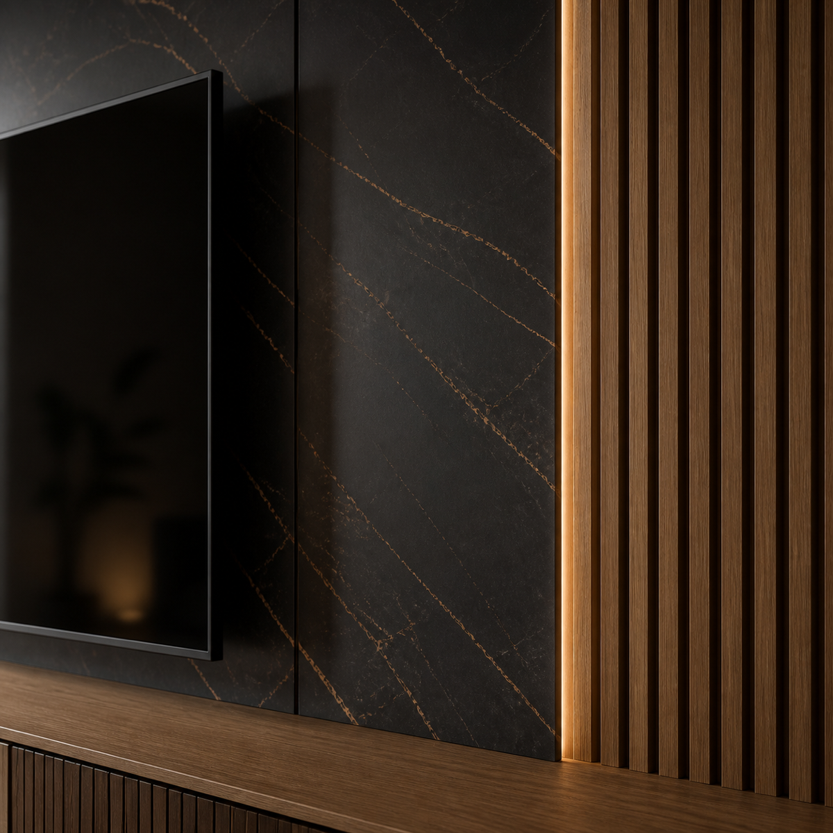 Close-up of a modern wall with black marble and gold veining, accented by vertical wooden slats with integrated lighting.
