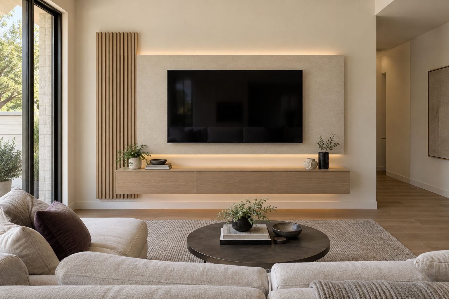 Concept visualization of an A Series TV wall with a floating panel, oak slats, media cabinet, concealed wiring, and warm LED backlighting.