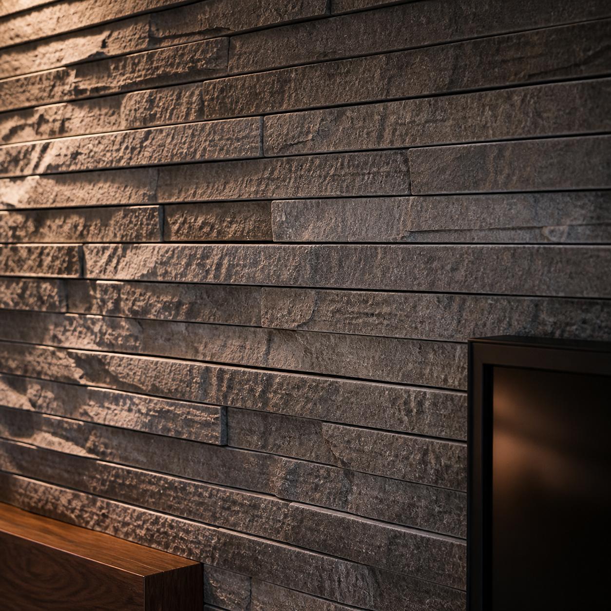 Close-up of dimensional charcoal ledger stone installed around the C3-002 entertainment center