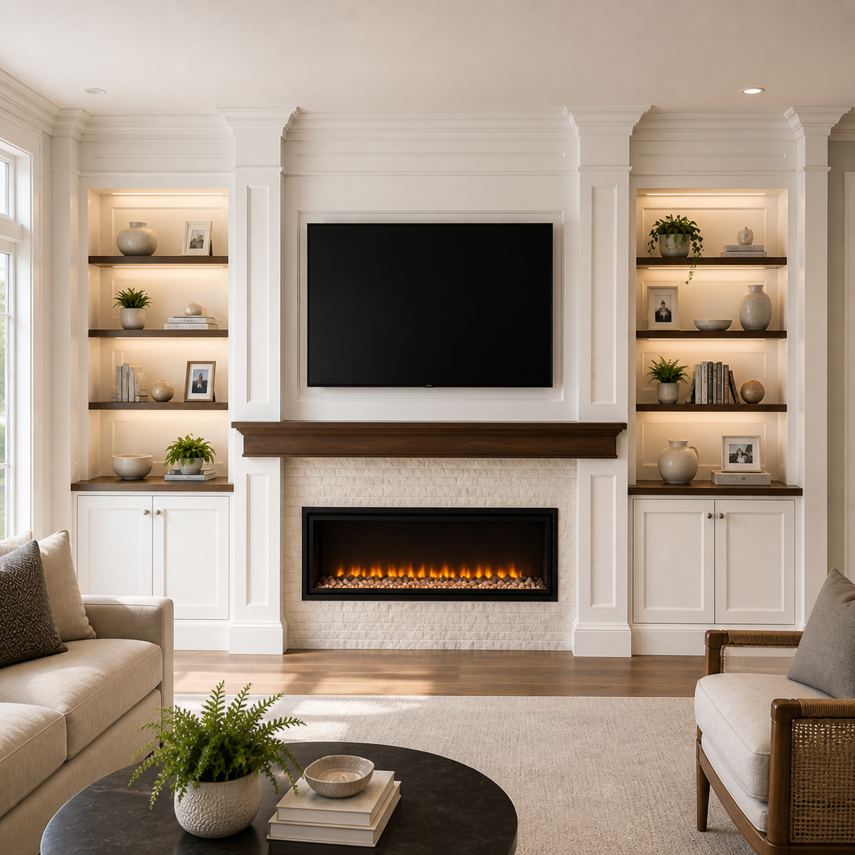 Signature classic built-in with fireplace, traditional millwork, cabinets, and illuminated shelving