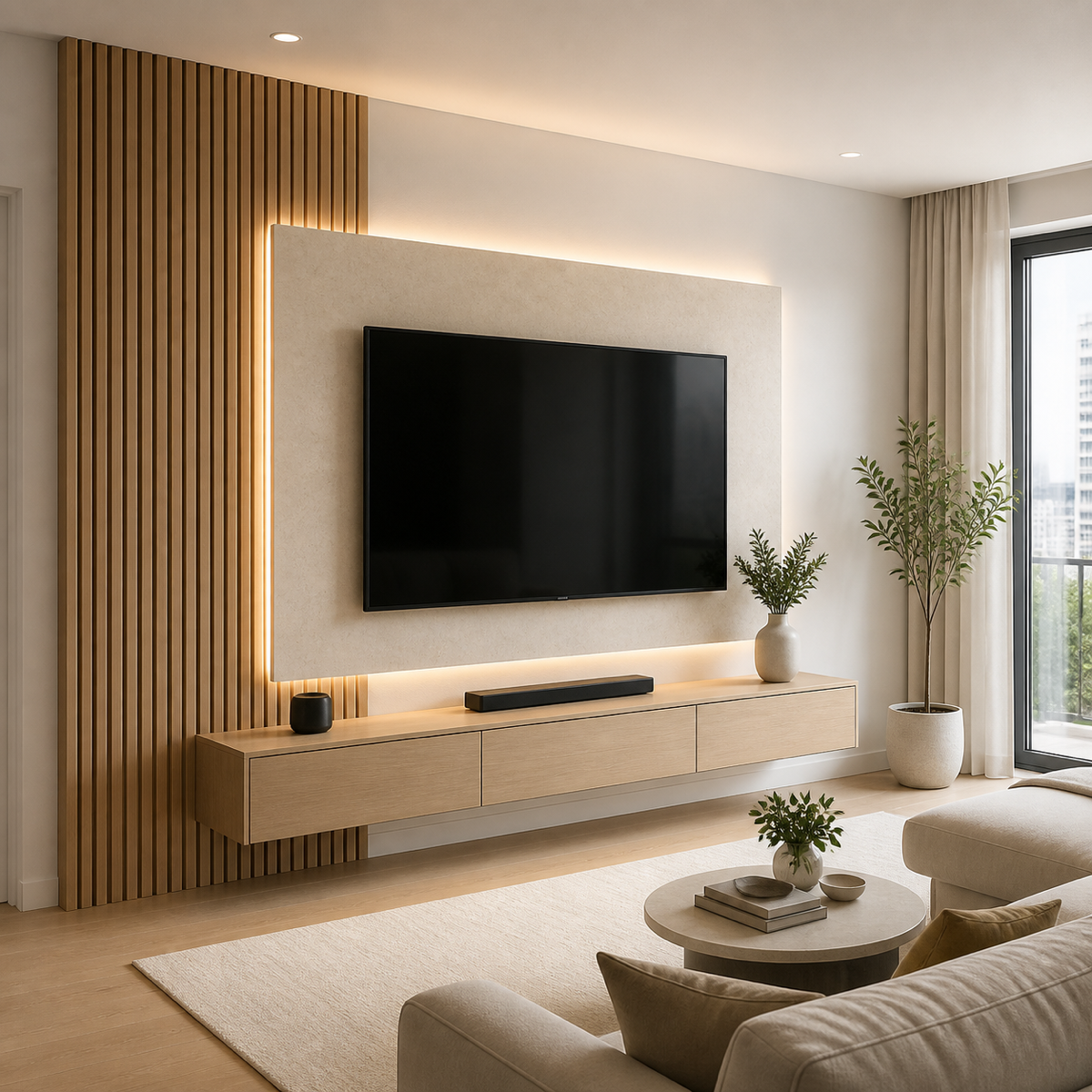 A-Series floating TV panel media wall with oak slats, backlighting, and a streamlined floating cabinet.