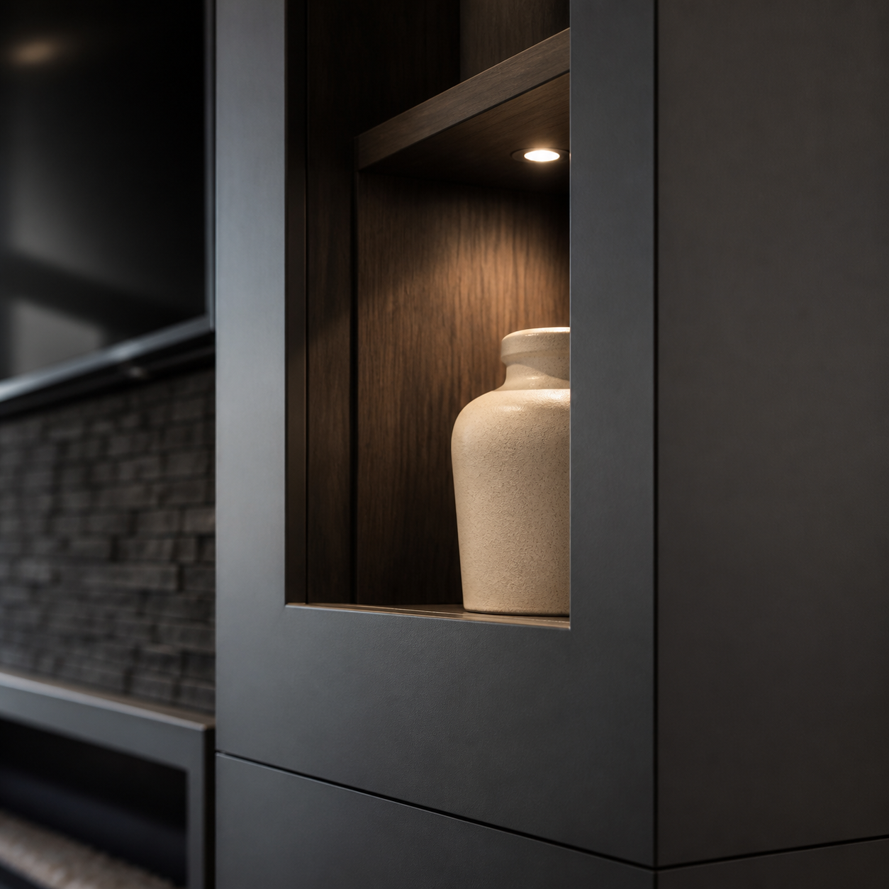 Close-up of a dark satin enamel finish with precise architectural edges and a walnut-lined niche