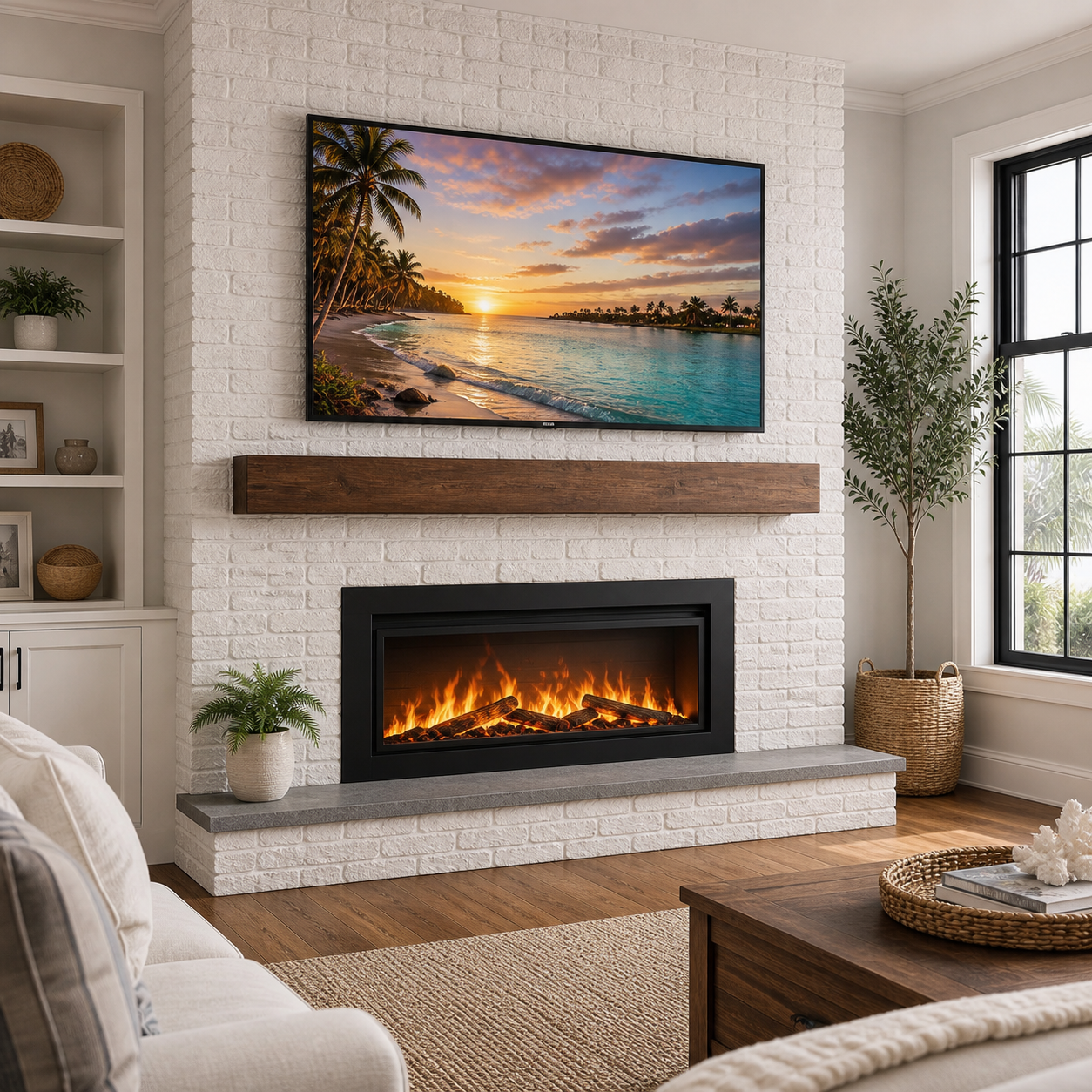 Bright coastal living room featuring a whitewashed brick fireplace media wall, natural wood mantel, integrated television, and electric fireplace