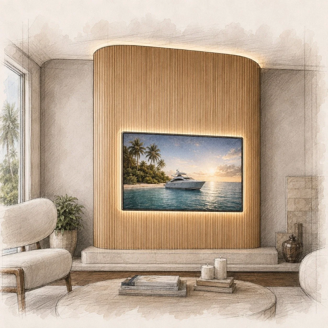 A modern living room with a large flat-screen TV on a wooden-paneled wall, displaying a yacht on the water at sunset, with palm trees in the background.