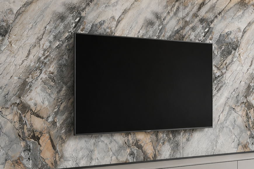 Flat-screen television mounted on a marble wall.