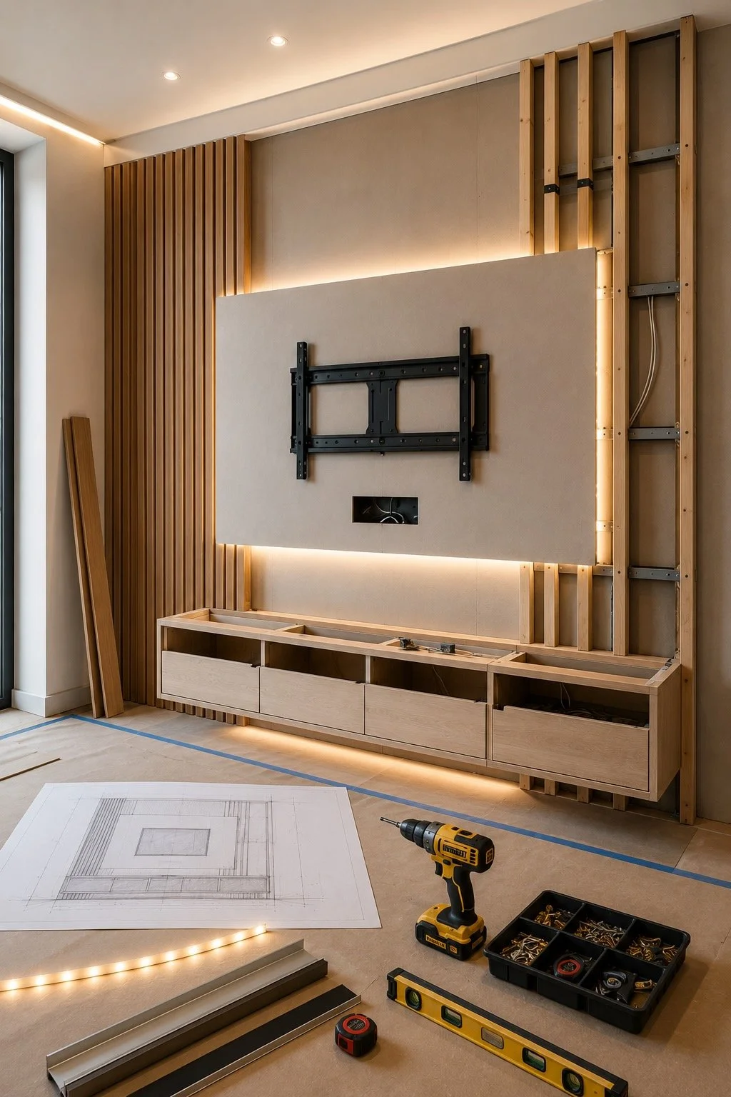 Partially assembled A Series media wall with vertical wood slats, backlit TV panel, unfinished floating cabinet, tools, LED components, and architectural drawings