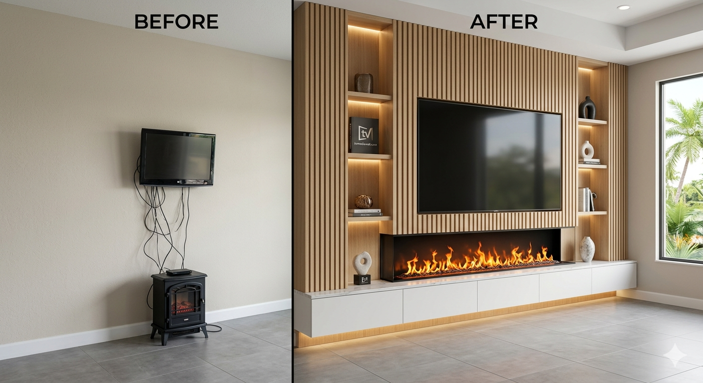 before and after TV media wall transformation with fireplace cabinets and slat panels