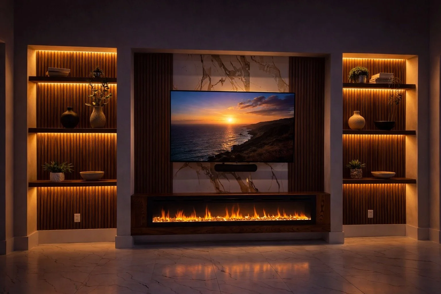 Modern Slat Fireplace Media Wall in Sarasota, Florida