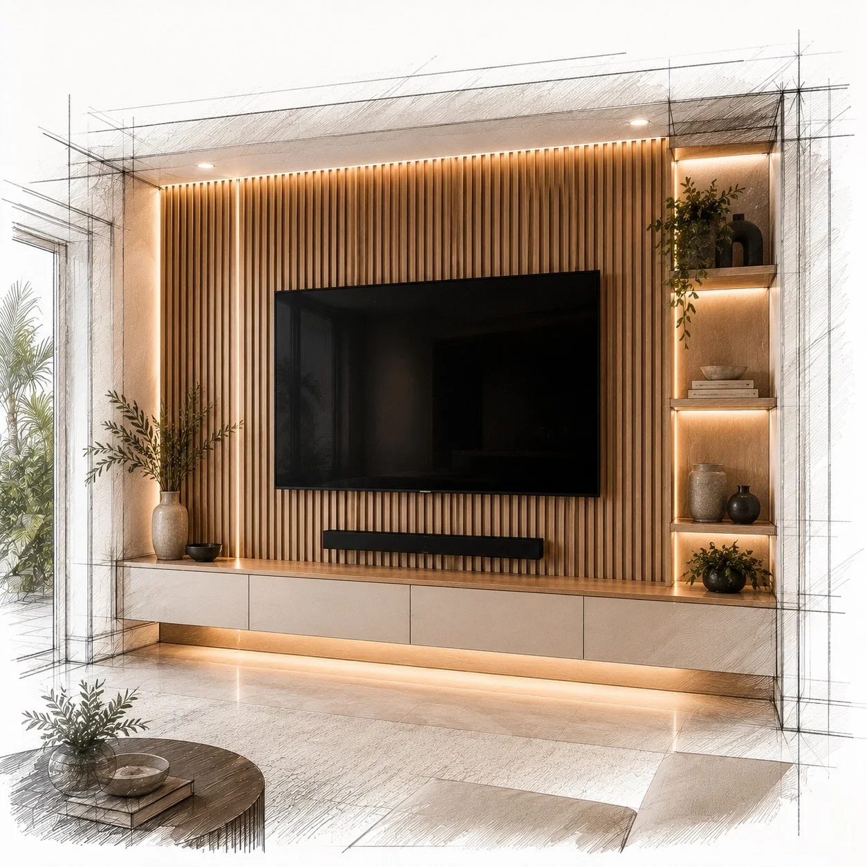 wood slat TV media wall with floating cabinet and integrated LED lighting