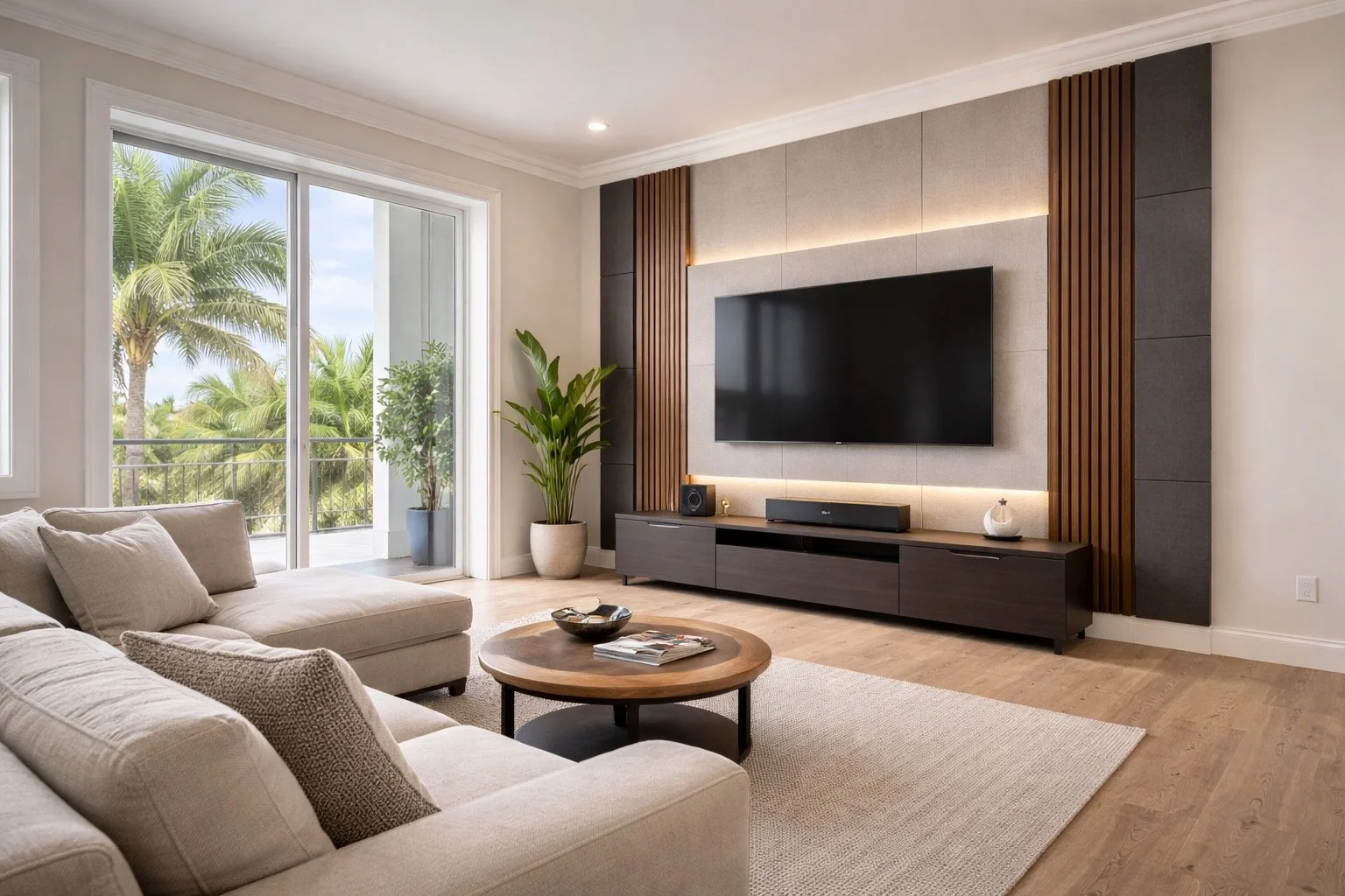 Living room with a beige sectional sofa, round wooden coffee table, large TV on a modern black and wood entertainment unit, sliding glass door leading to a balcony with palm trees outside, potted plant next to the door, and neutral decor.