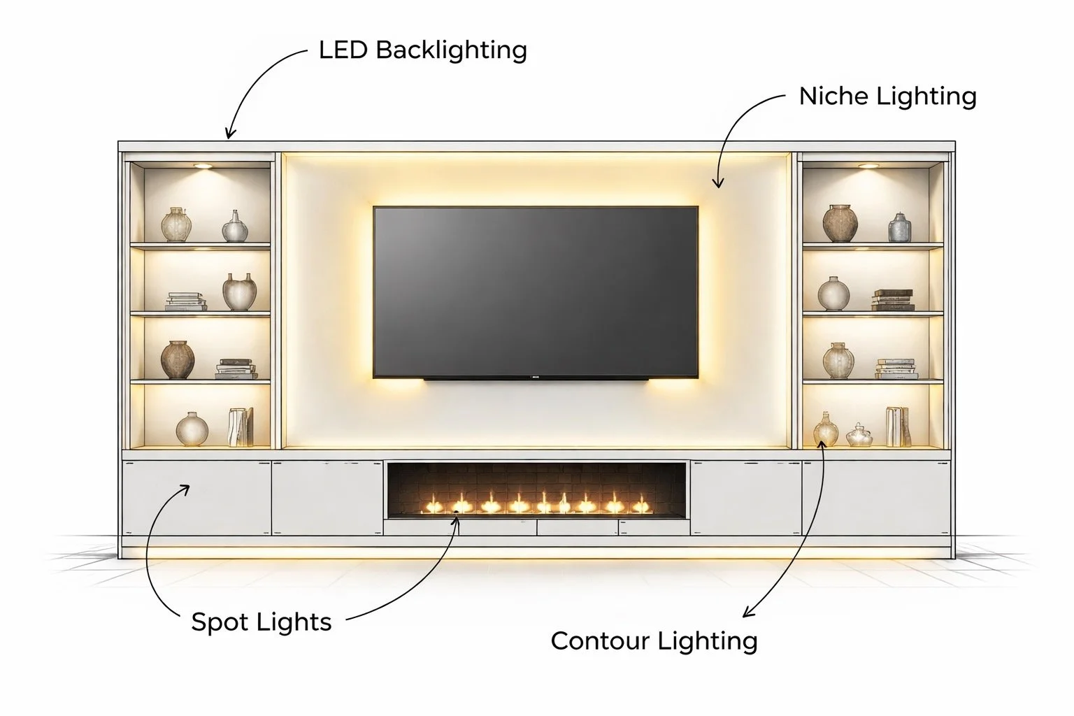 Diagram showing LED backlighting, shelf lighting, contour lighting, and spotlights in a media wall