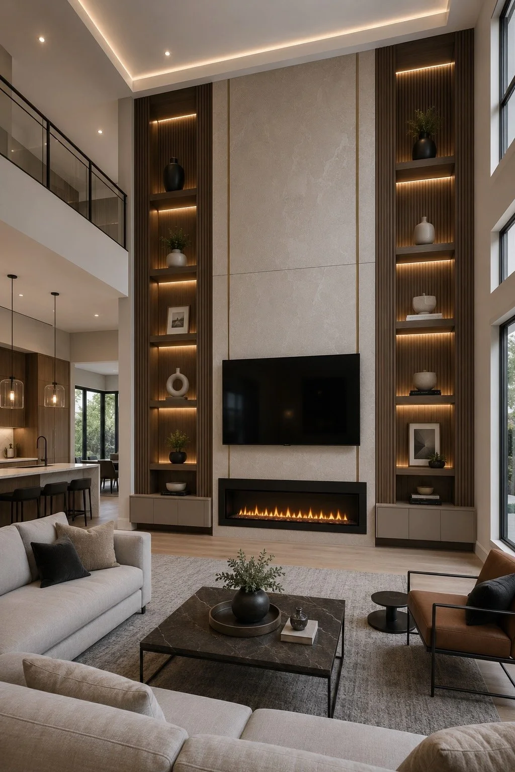 High-ceiling media wall with large TV, electric fireplace, built-in cabinetry, and lighting in a new construction Orlando home