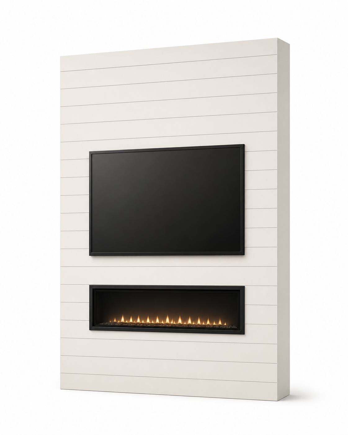 Minimalist design concept of an F2-001 Shiplap Fireplace Media Wall with an integrated TV and linear fireplace