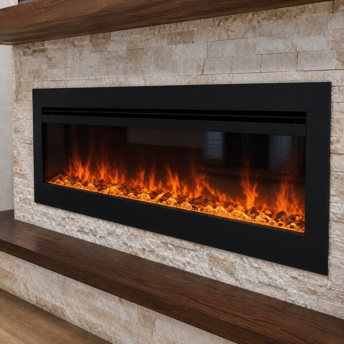 Close-up of a linear electric fireplace integrated into a ledger stone media wall with walnut wood accents