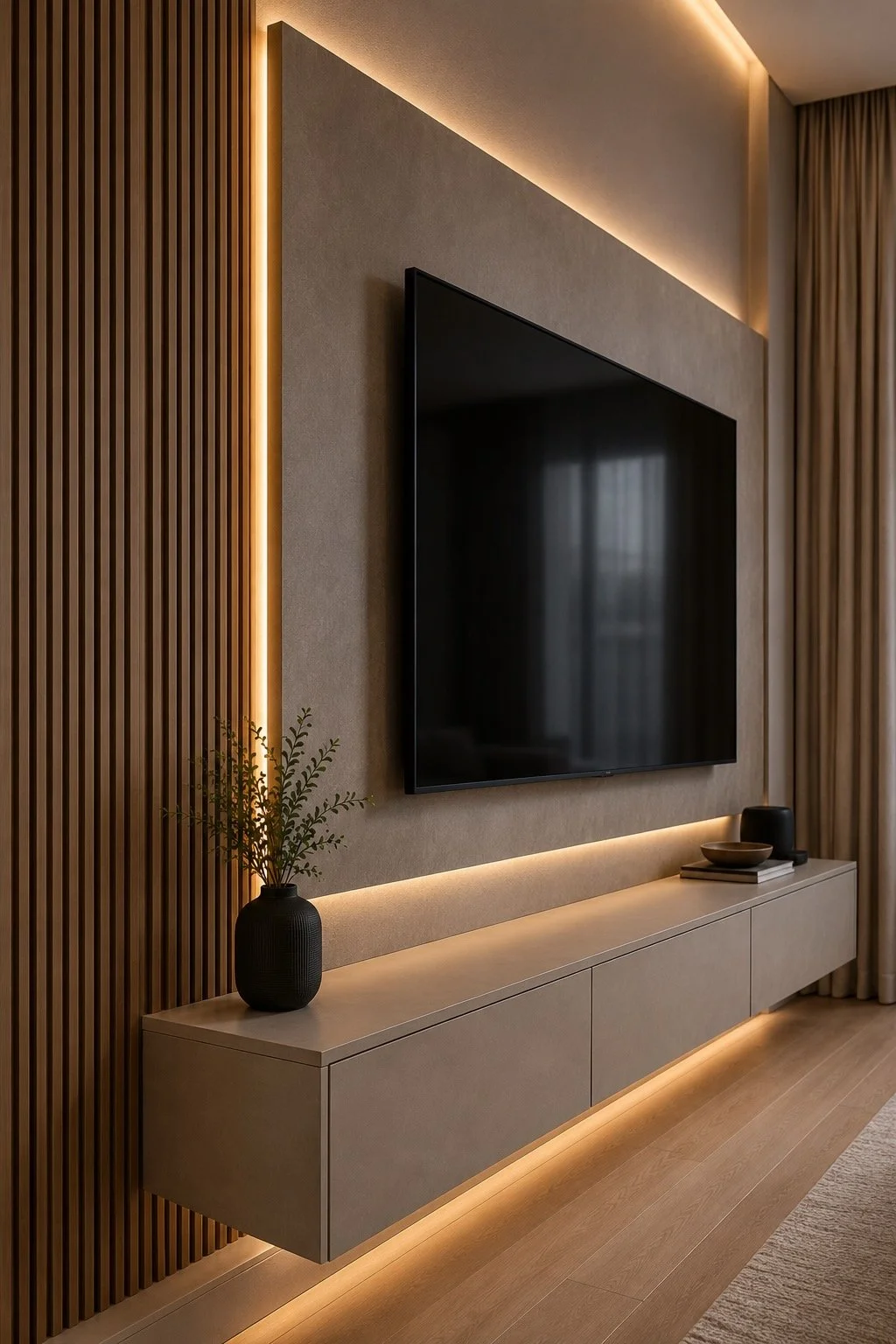 Side view of an A Series TV wall with textured panel, vertical wood slats, floating cabinet, and integrated LED lighting