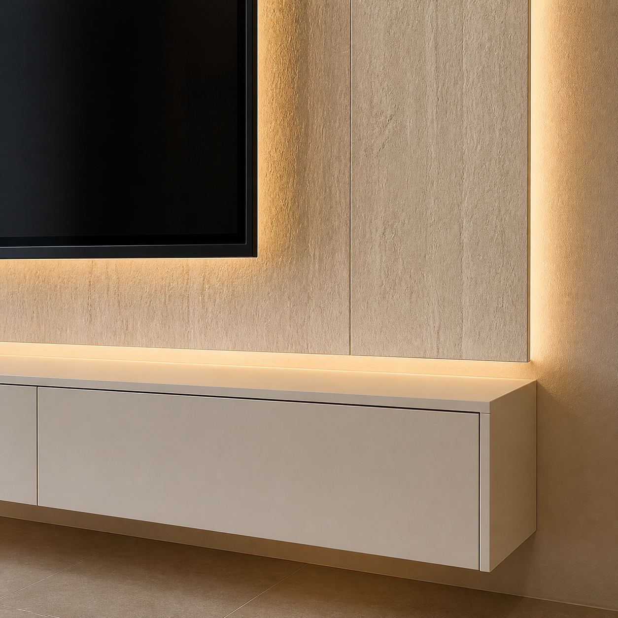 Close-up of a C1-001 media wall with warm textured stone-look panels and a floating white cabinet