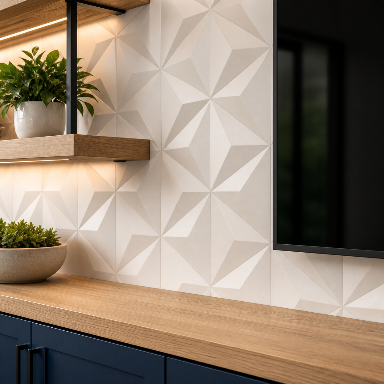 White 3D geometric wall panels with warm lighting, oak shelving, and navy cabinets