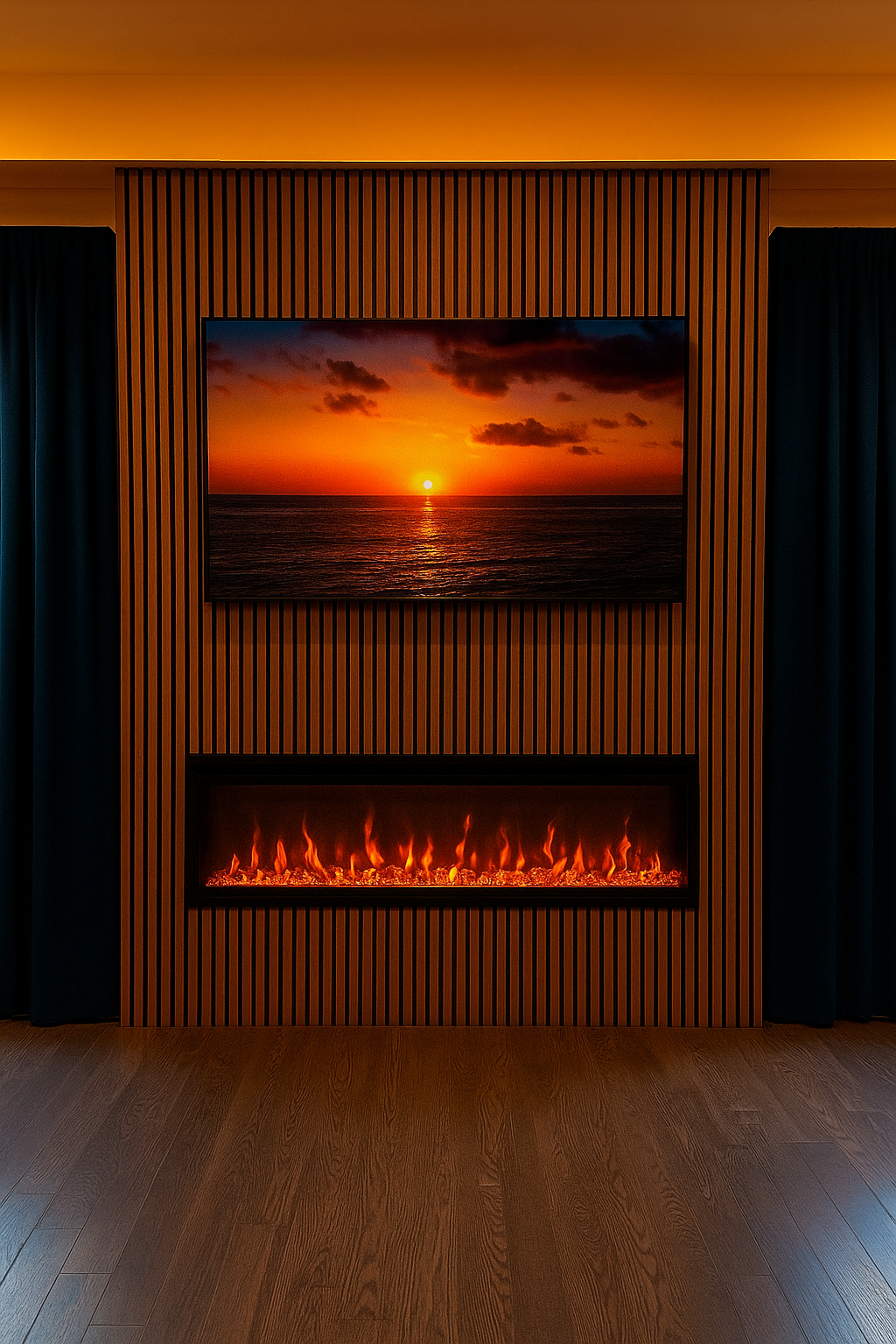 A living room with a wall-mounted flat-screen TV displaying a sunset over the ocean, above a modern electric fireplace with realistic flames, framed by wood paneling and curtains, and wooden flooring.