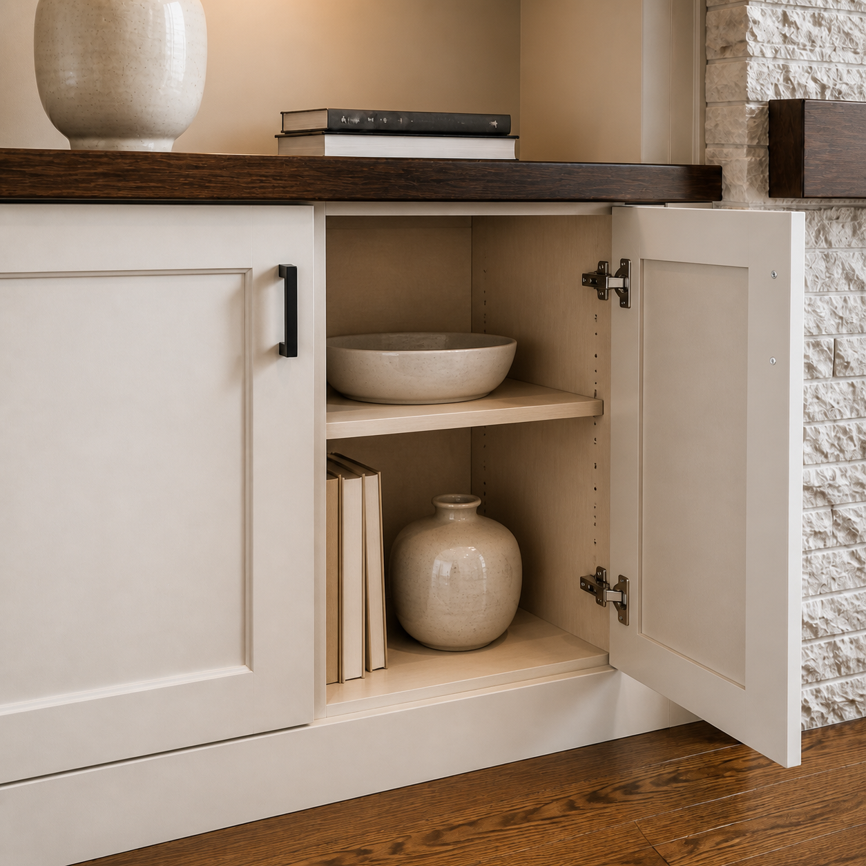 Open built-in cabinet showing the finished interior, adjustable shelf, and concealed hinges