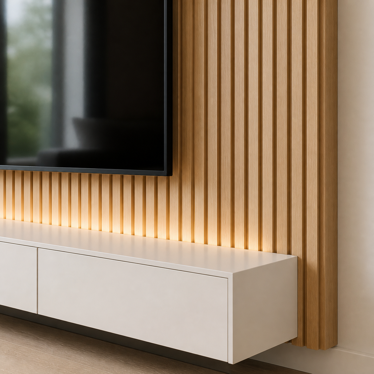 Close-up of a C1-001 media wall with a light oak slat TV accent and floating white cabinet