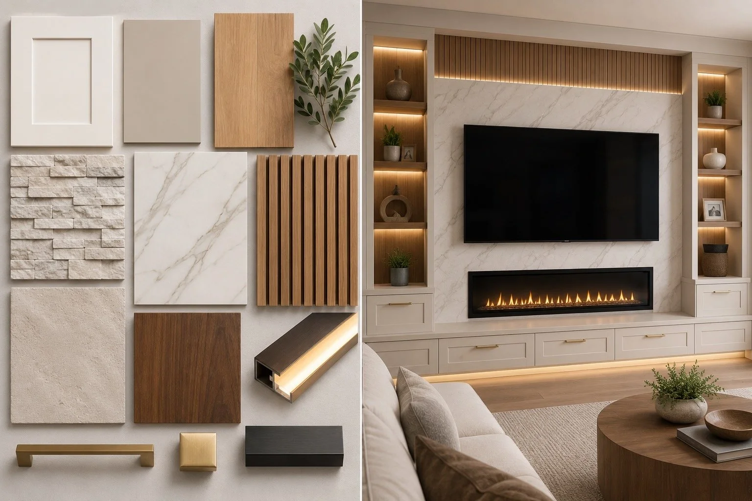Florida media wall material palette with painted cabinetry, white oak, walnut, ledger stone, porcelain panels, wood slats, limewash, hardware, and integrated LED lighting.