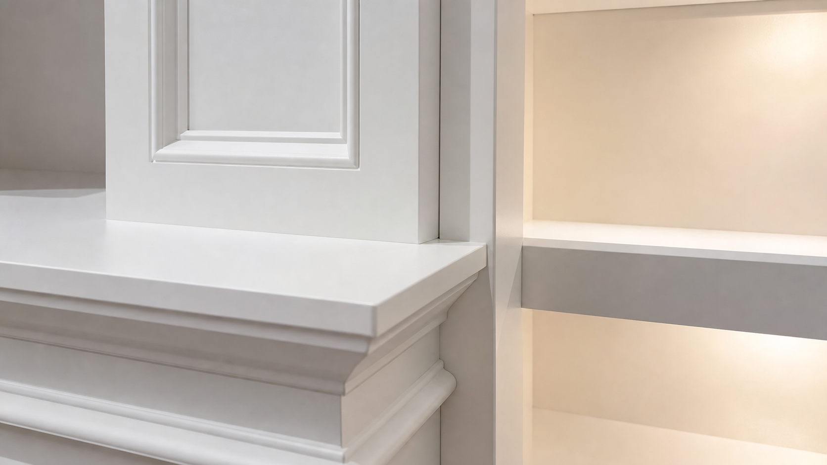 Close-up of white custom built-in cabinetry with a smooth cabinet-grade enamel finish, detailed molding, and illuminated shelves.