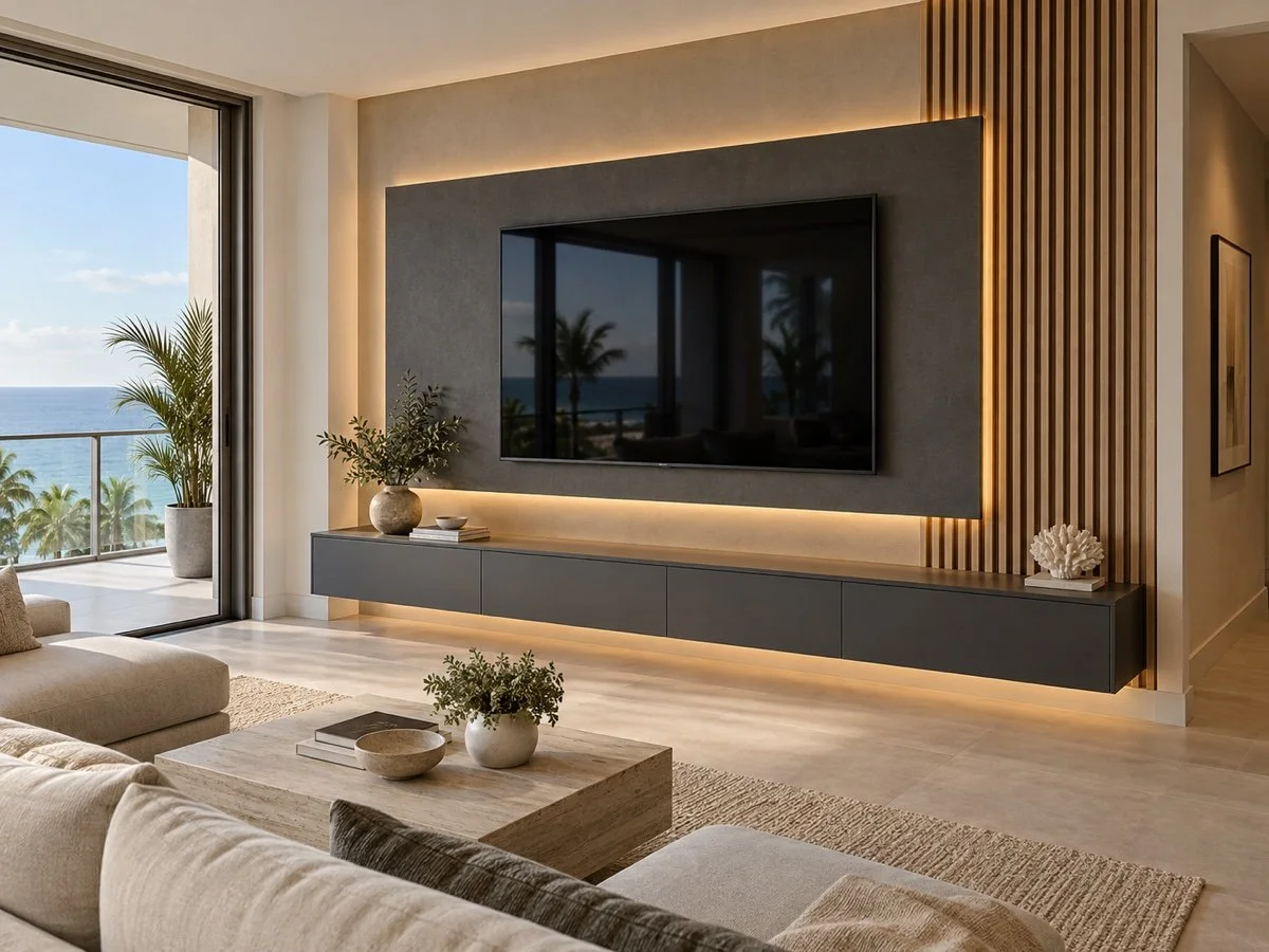 Architectural TV wall with a floating media cabinet, wood slats, concealed wiring, and LED lighting