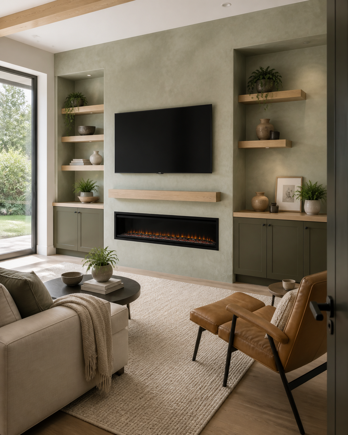 Modern living room with beige sofa, brown leather armchair, black coffee table, built-in shelves with vases and plants, wall-mounted TV, electric fireplace, large window letting in natural light, neutral color scheme.