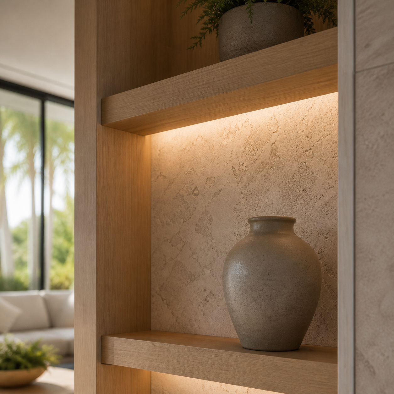 A ceramic vase displayed on a wooden shelf inside a modern interior with natural lighting and a textured beige wall background.