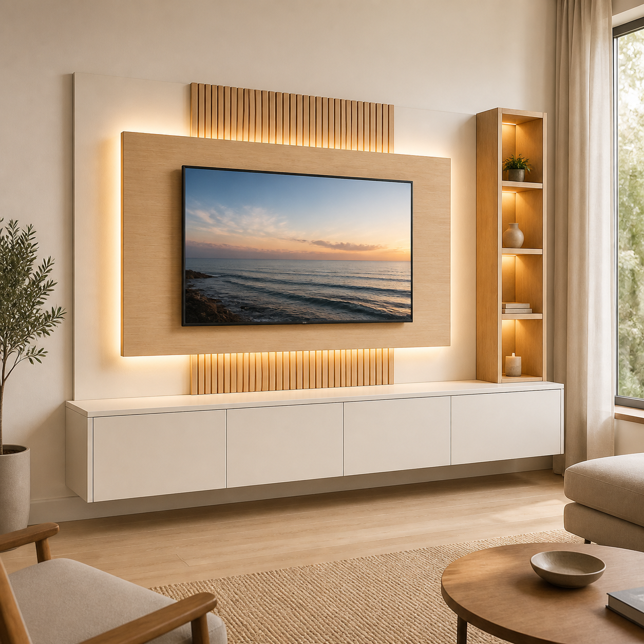 Completed C1-001 floating media wall with a light oak TV panel, warm backlighting, white storage cabinet, and illuminated open side tower