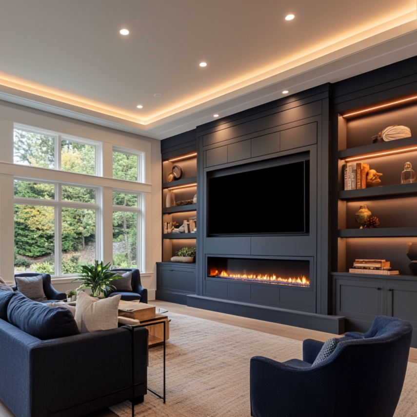 Modern living room with a dark blue wall unit, built-in fireplace, flat-screen TV, bookshelves, and large windows overlooking greenery.