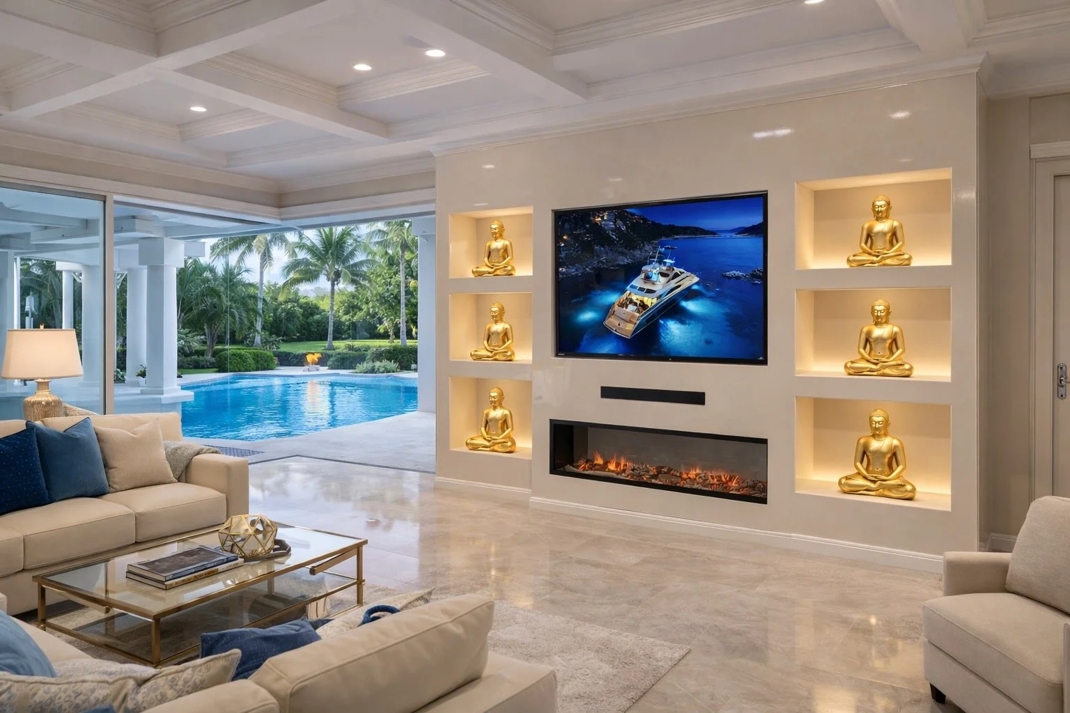 Living room with white sofas, glass coffee table, and a fireplace. Built-in shelves with gold Buddha statues illuminate the wall. Large glass windows and doors reveal a backyard with a pool and palm trees outdoors.