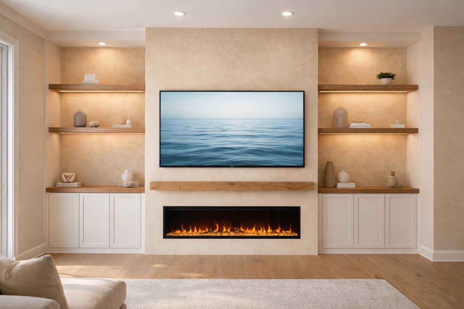 Living room with a wall-mounted flat-screen TV showing ocean water, a modern fireplace with flames beneath the TV, and built-in shelves with decorative objects on either side.