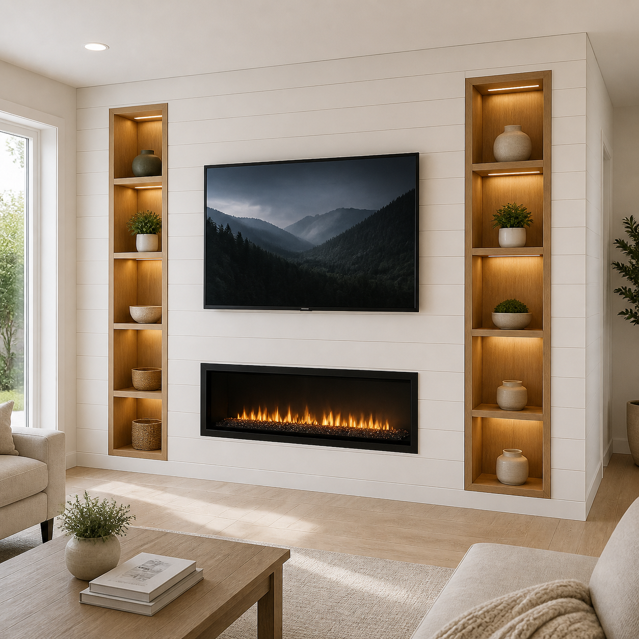 C2-002 single-plane shiplap fireplace media wall with integrated wood-lined niches