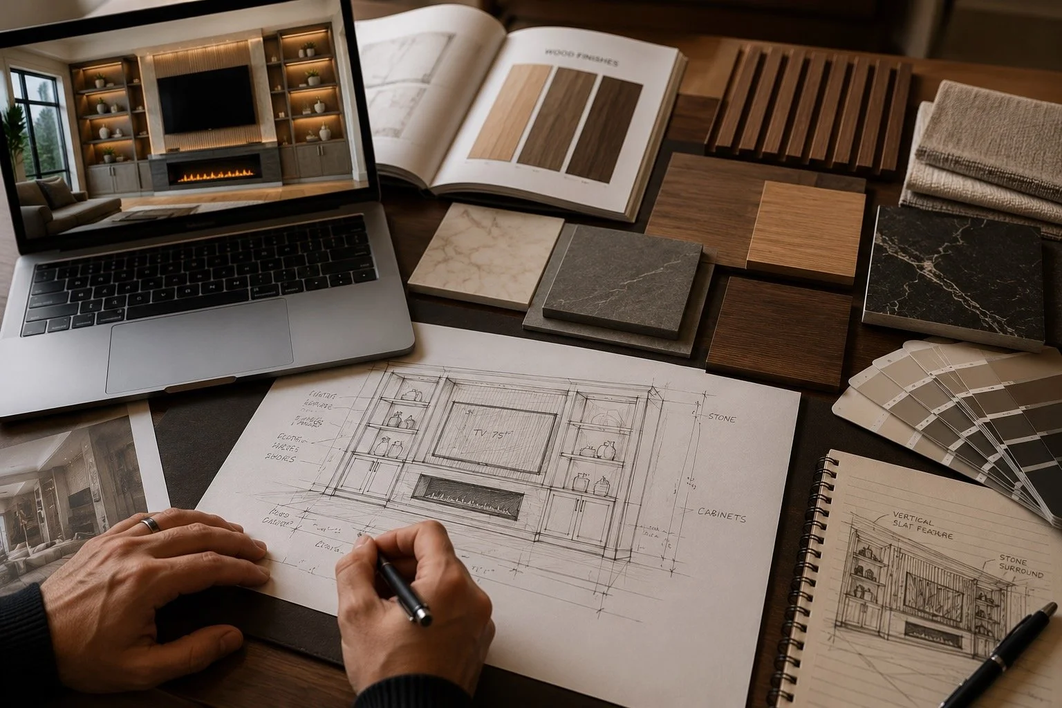 Designer sketching a custom media wall with wood, stone, paint, and fabric samples arranged across the table