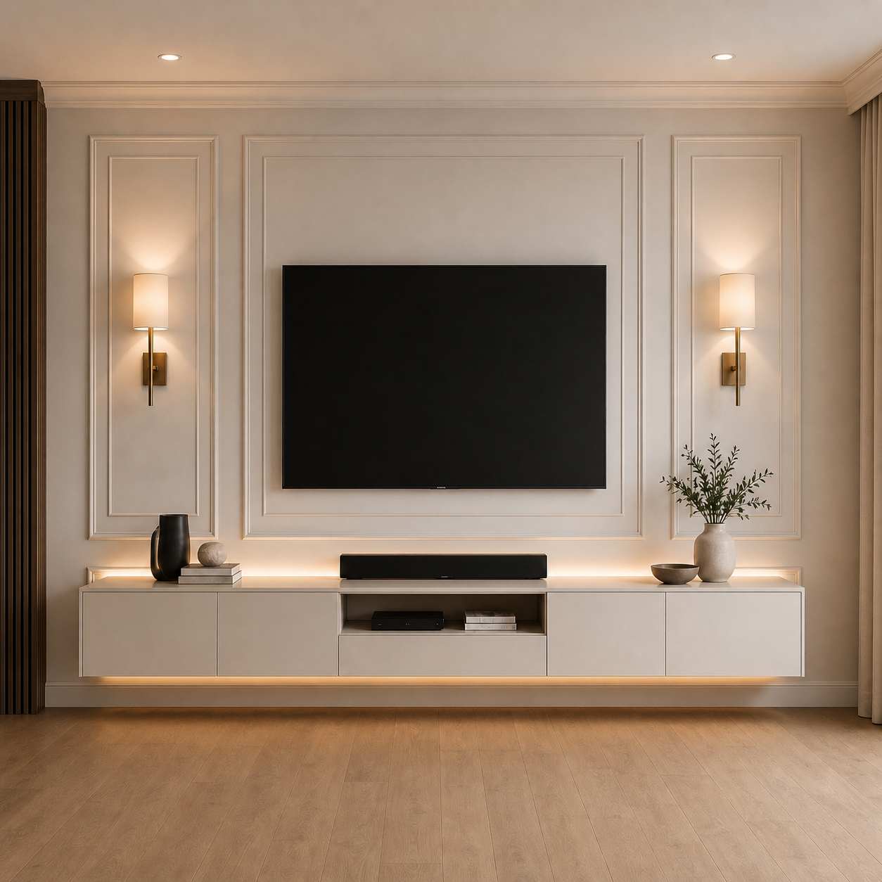 A-002 classic TV media wall with decorative trim, brass sconces, and floating cabinet