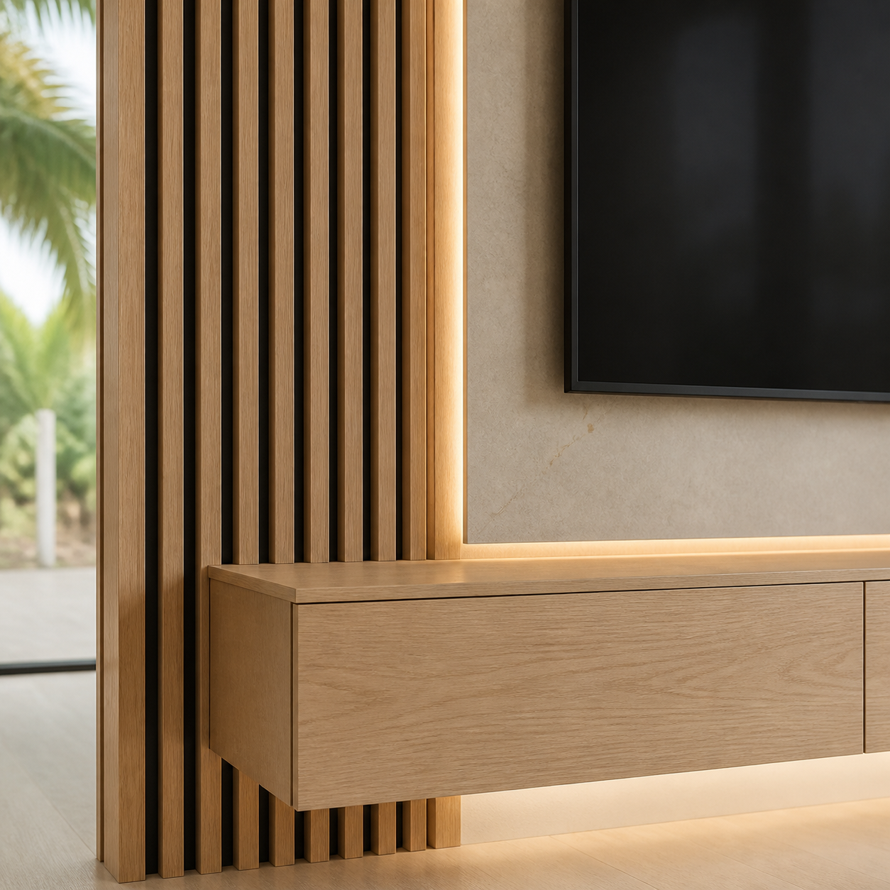 Close-up of a modern wooden interior with vertical slats, a floating cabinet, and a mounted flat-screen TV with backlit lighting.
