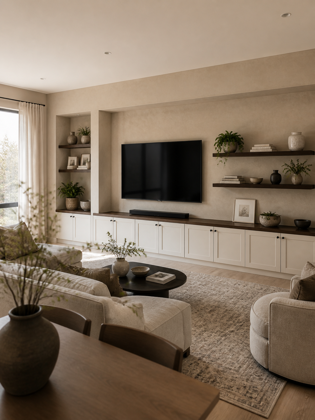 Living room with beige walls, a large TV mounted on the wall, white cabinets below, and floating shelves with books and decorative vases. There's a beige sofa and an armchair, with a coffee table in between holding vases and a book. A patterned rug c