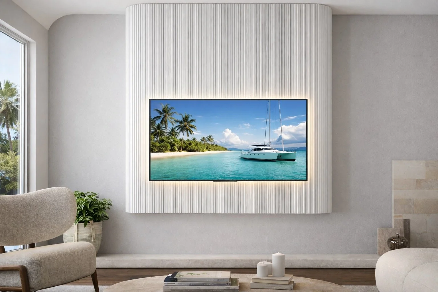 Arc Deco Media Wall. Sculptural Built-In Design for Florida Homes