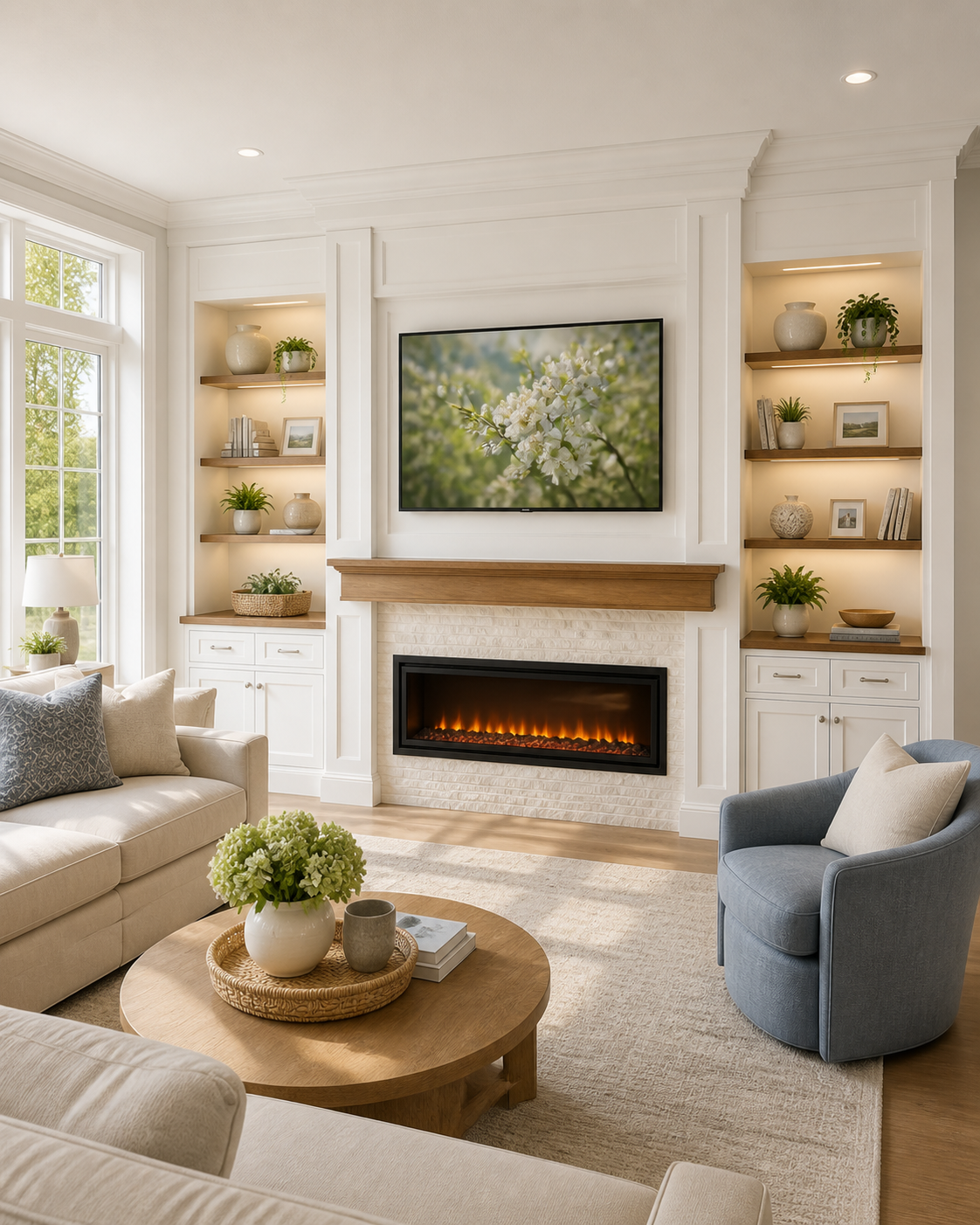 Bright living room with a white fireplace, built-in shelves with decorative items, a wall-mounted TV showing white blossoms, a beige sofa with pillows, a blue armchair, a round wooden coffee table with flowers and books, and large windows letting in 