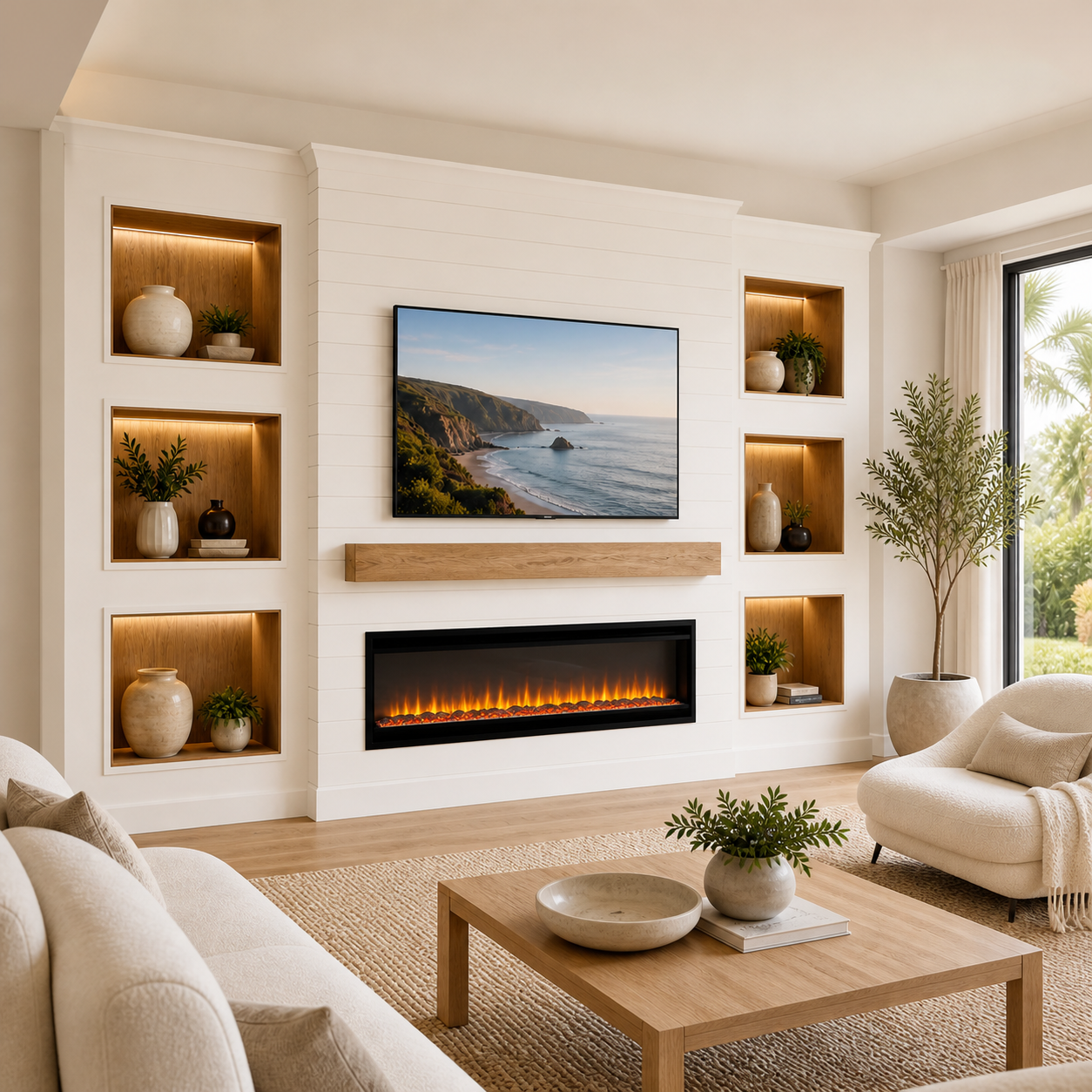 Custom shiplap fireplace media wall with illuminated wood niches in a bright contemporary living room