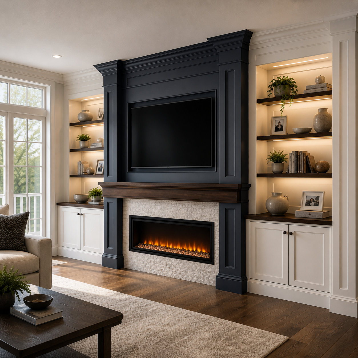 Signature Classic Built-In with dark charcoal millwork, illuminated shelving, ivory cabinets, wood mantel, and electric fireplace