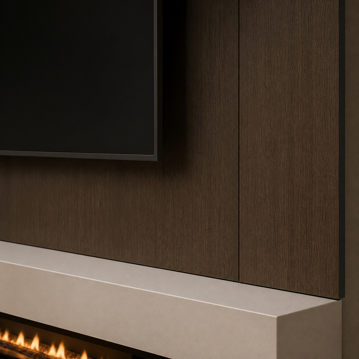 Dark brown fine-grain wood-look panels installed behind a TV above a projecting fireplace box