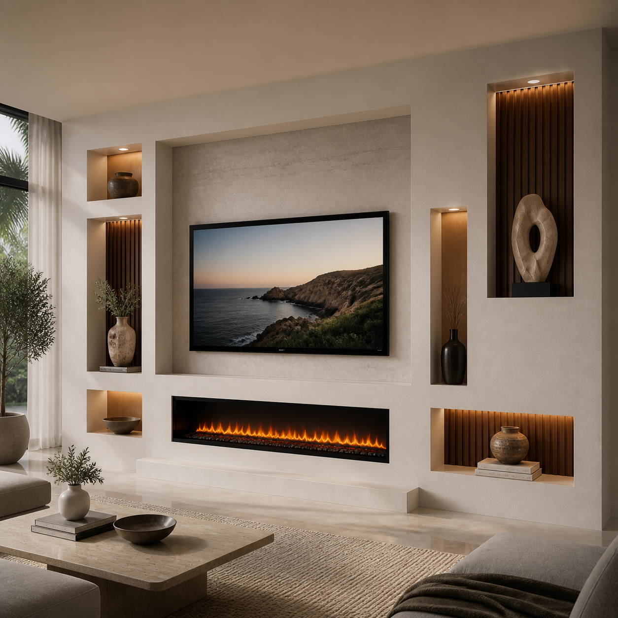Asymmetrical modern media wall with illuminated architectural niches, integrated television, and linear fireplace