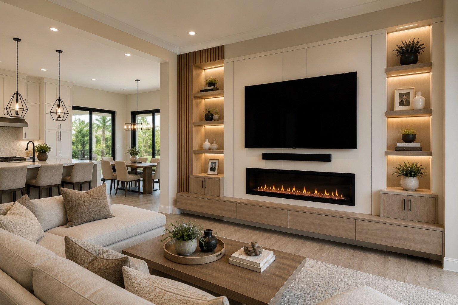 Custom media wall with built-in storage, mounted TV, and architectural lighting in a modern Orlando family room