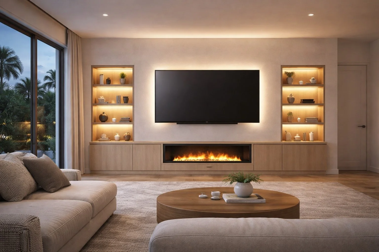 Media wall with LED backlighting and ambient lighting in a Florida living room at night