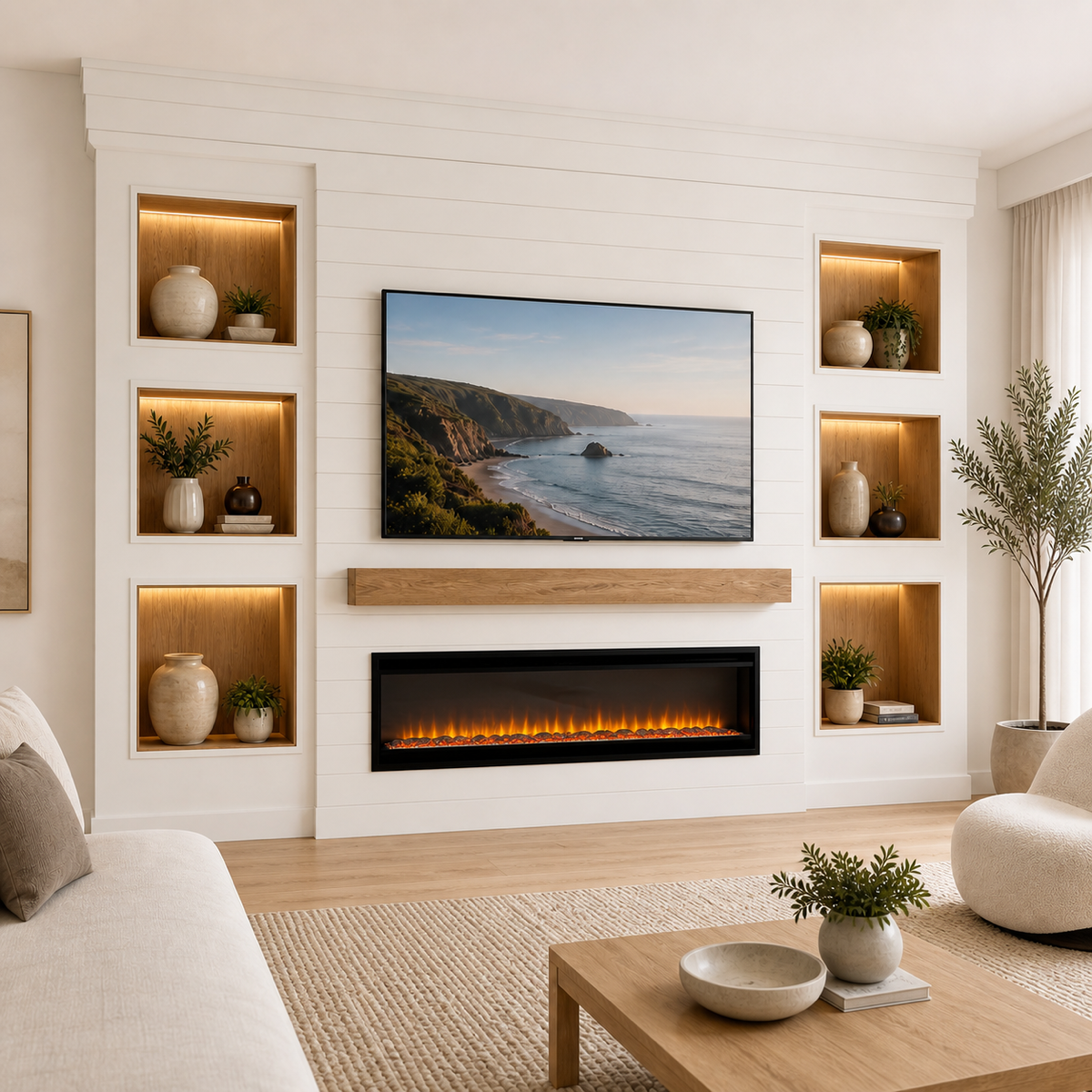White shiplap fireplace media wall with illuminated wood display niches