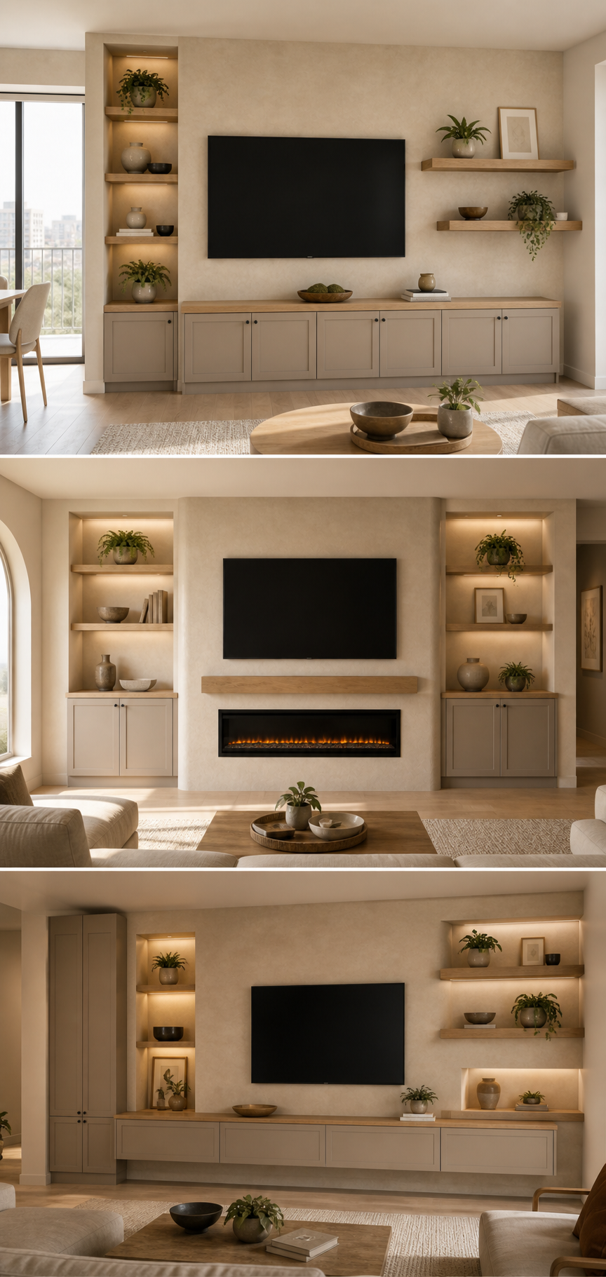 Three C3-003 limewash built-in entertainment center configurations with storage cabinets, open display niches, shelving, TV integration, and an optional fireplace