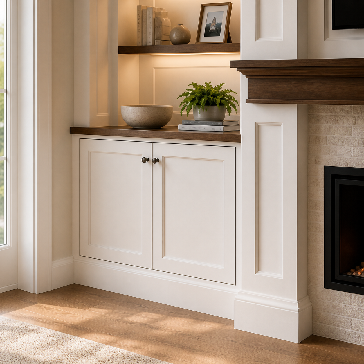 Lower built-in cabinets with framed doors and refined hardware for concealed media storage